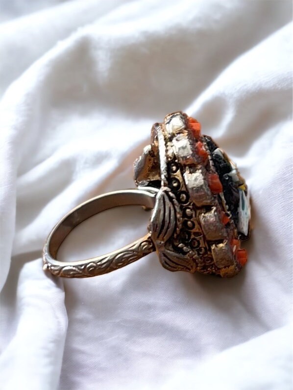 Handmade micro mosaic adjustable ring - Italian inspired - hand cut blue, white and terra cotta colored glass with millefiori