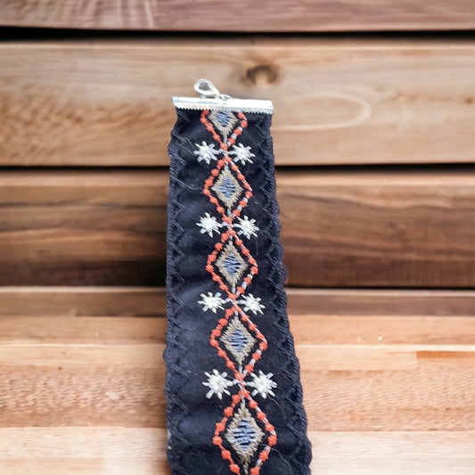 Vintage embroidered choker necklace - black, orange, gold