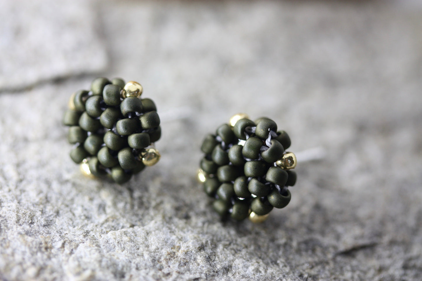 Hand beaded sterling silver stud earrings - matte olive green with drops of gold - studs, beadwork studs, beaded studs