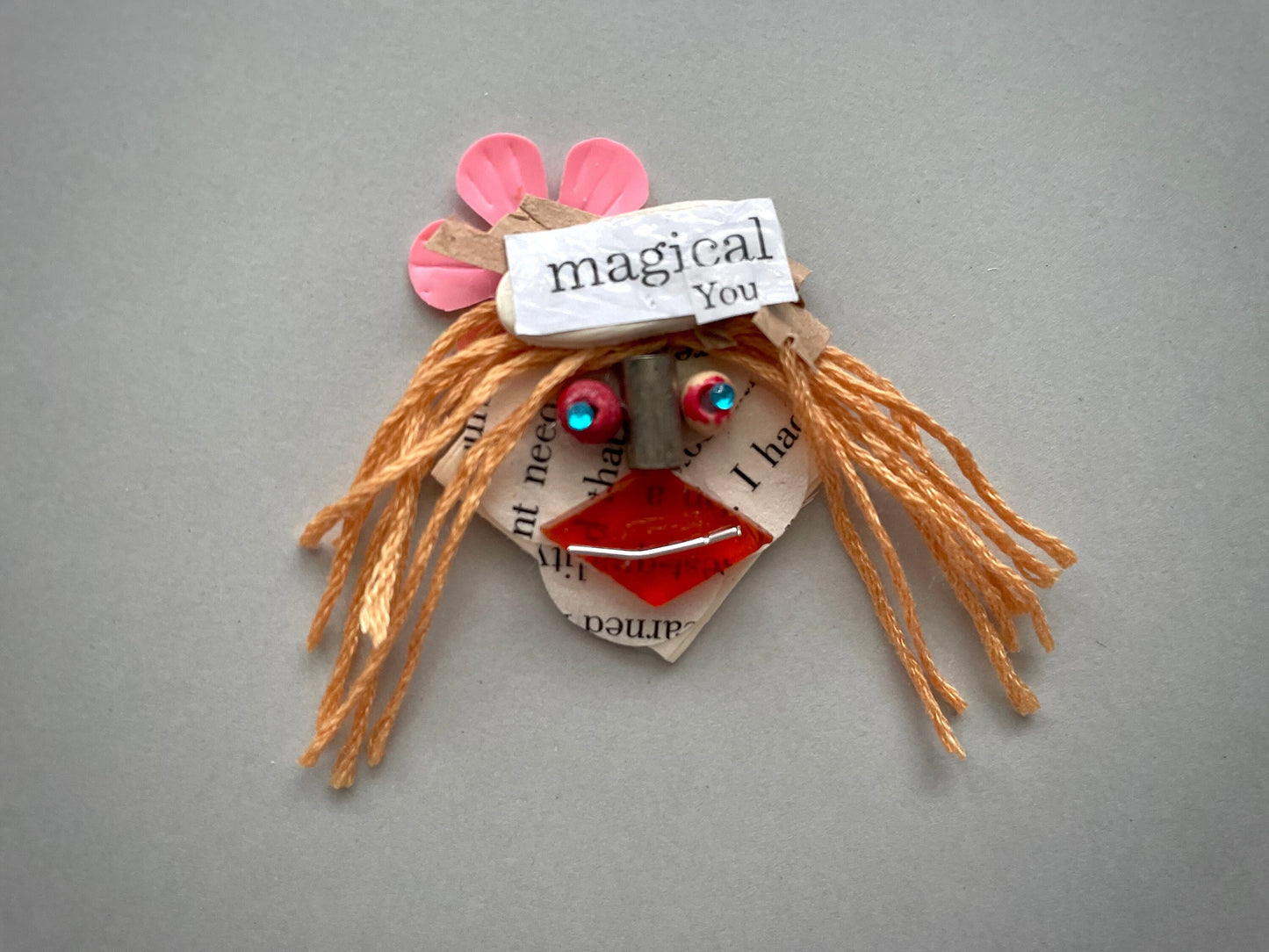 MAGICAL YOU - My funny face assemblage art / mixed media collage - can be ordered as a magnet or pin - great as a gift