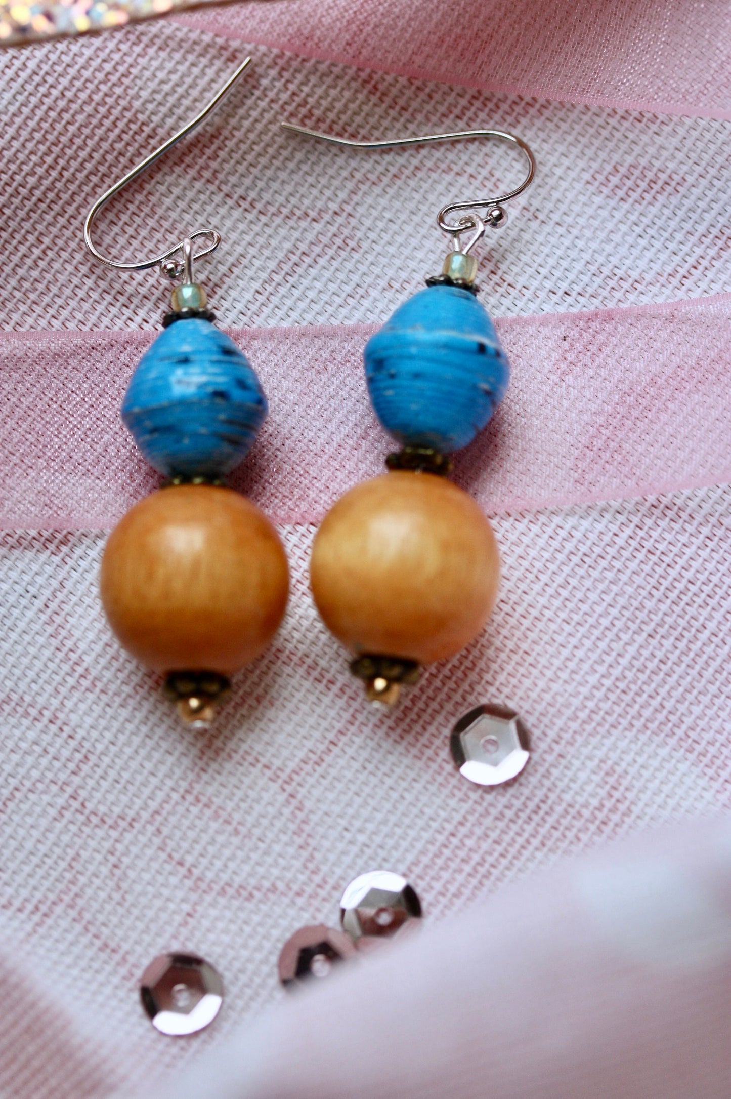 Rolled blue paper and tan wood beads handmade dangle earrings with vintage, upcycled and new elements