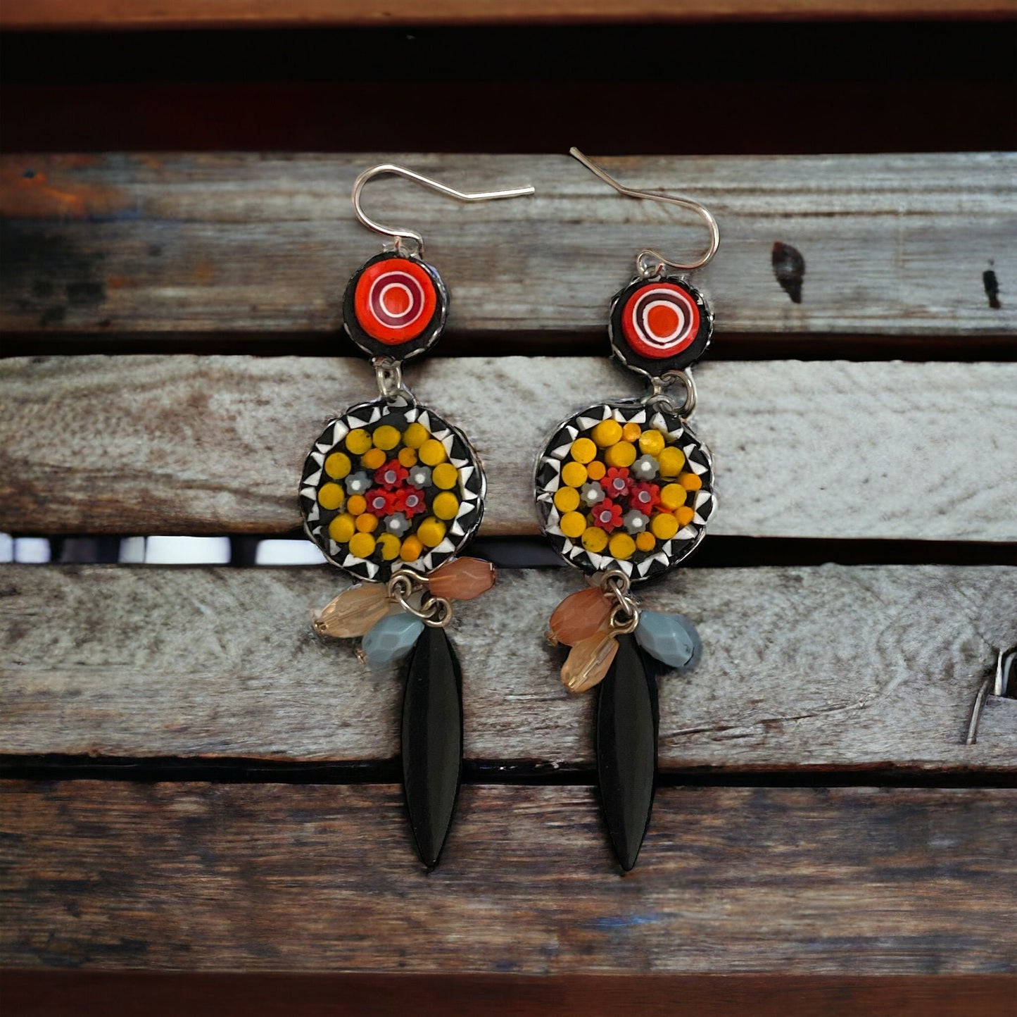 My own handmade Italian style hand cut micro mosaic millefiori glass dangle earrings