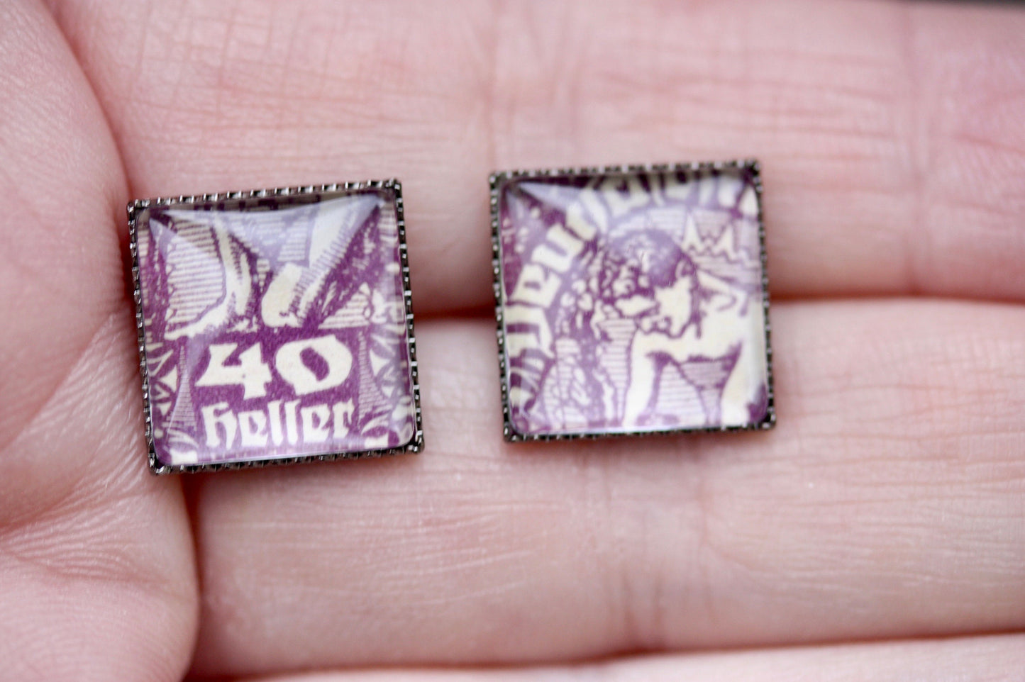 Tiny square stud earrings made from genuine antique postage stamp - 40 Heller Republic of German-Austria postage stamp issued 1919-1920