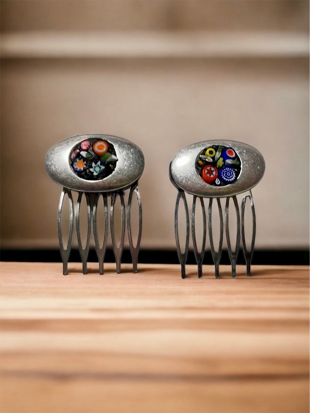 Pair of one-of-a-kind handmade Italian glass micro mosaic hair combs with millefiori