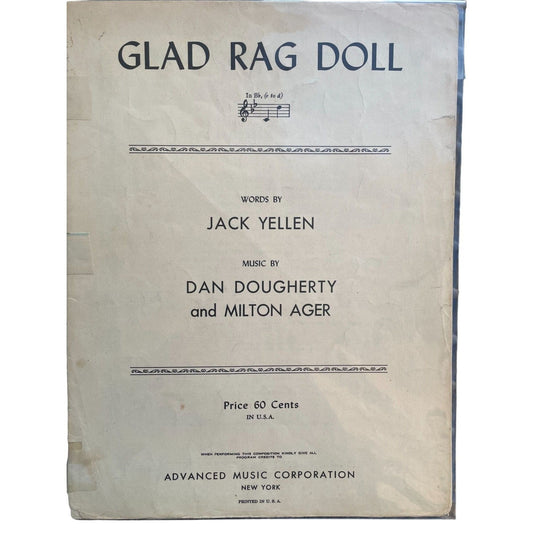 Rare Antique 1929 Ragtime sheet music GLAD RAG DOLL by Yellen/Ager