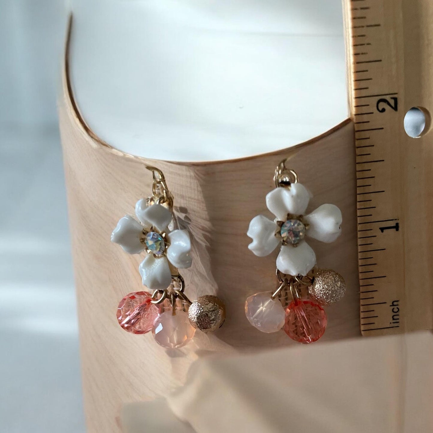 Charming little dangle earrings - white rhinestone studded vintage flower with pink and gold dangle beads