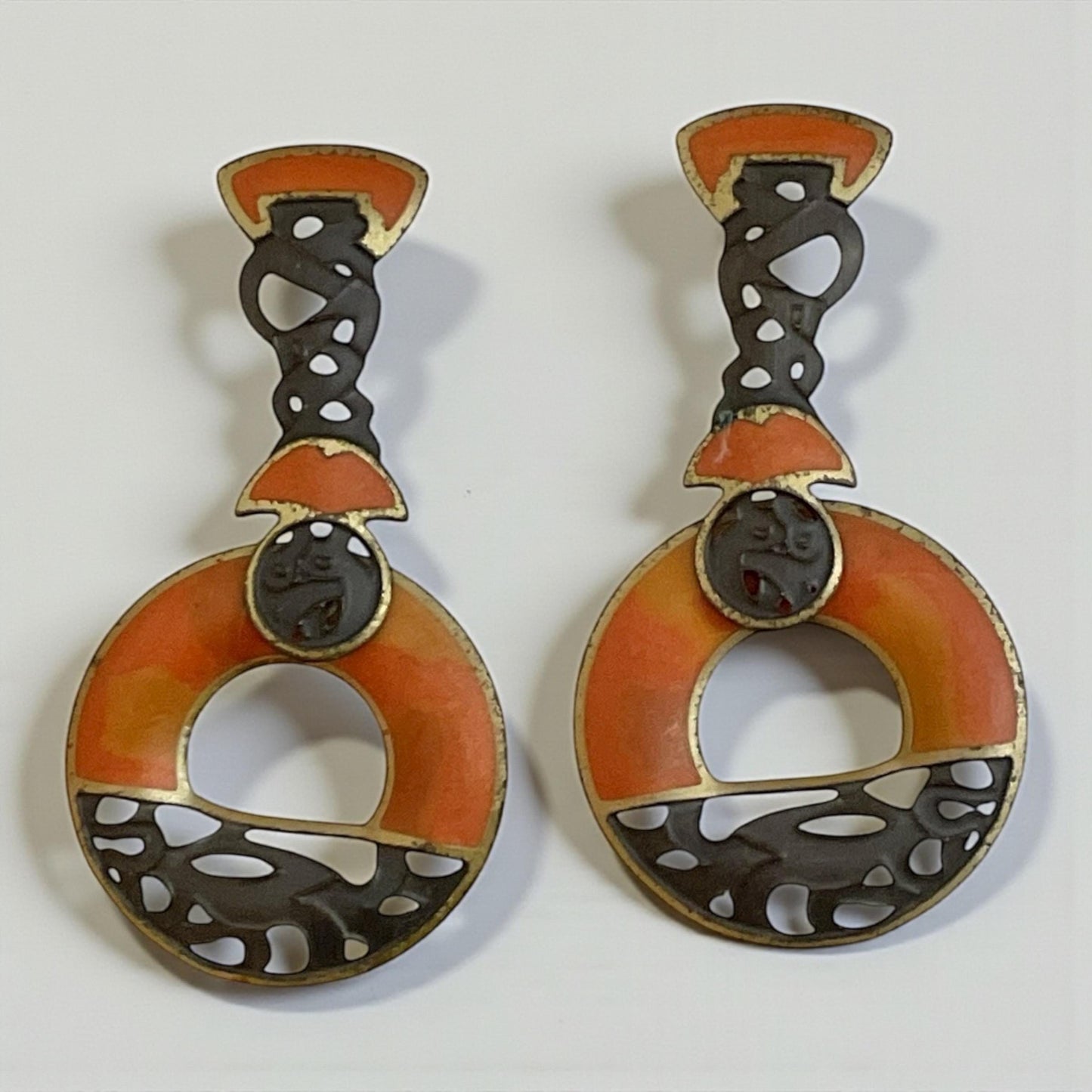 Vintage Berebi Earrings – Bold Art Deco Enamel Dangle Orange Black Statement Jewelry