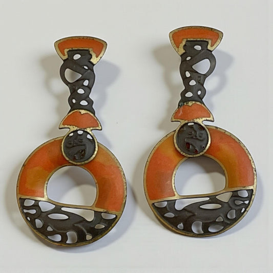 Vintage Berebi Earrings – Bold Art Deco Enamel Dangle Orange Black Statement Jewelry