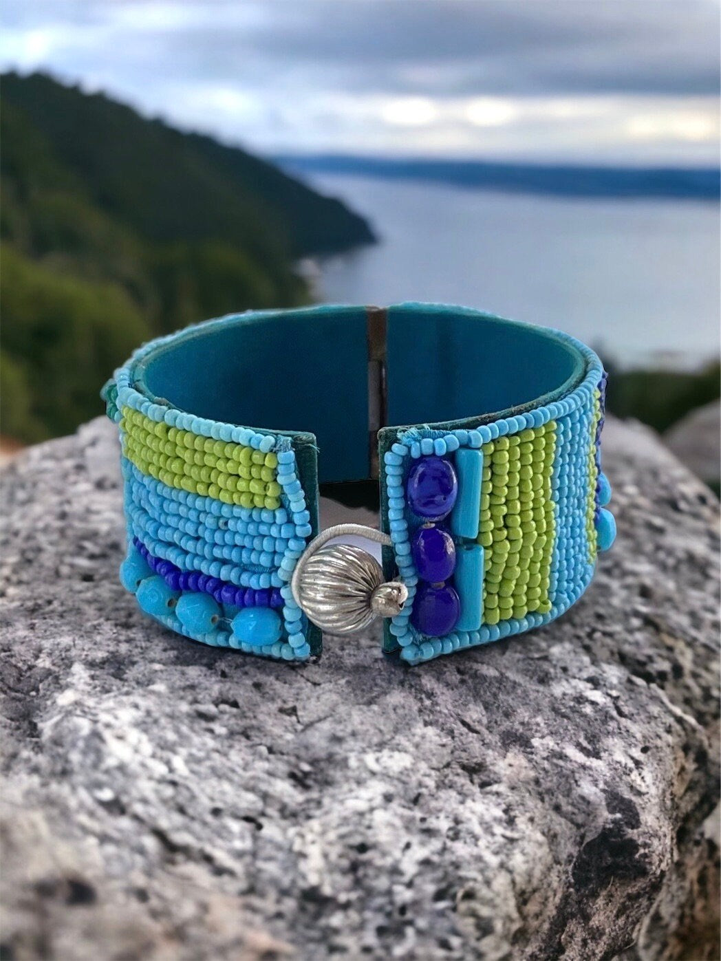 Stunning and unique vintage seed bead and mixed material vintage bracelet - shades of blue - made by Sally C
