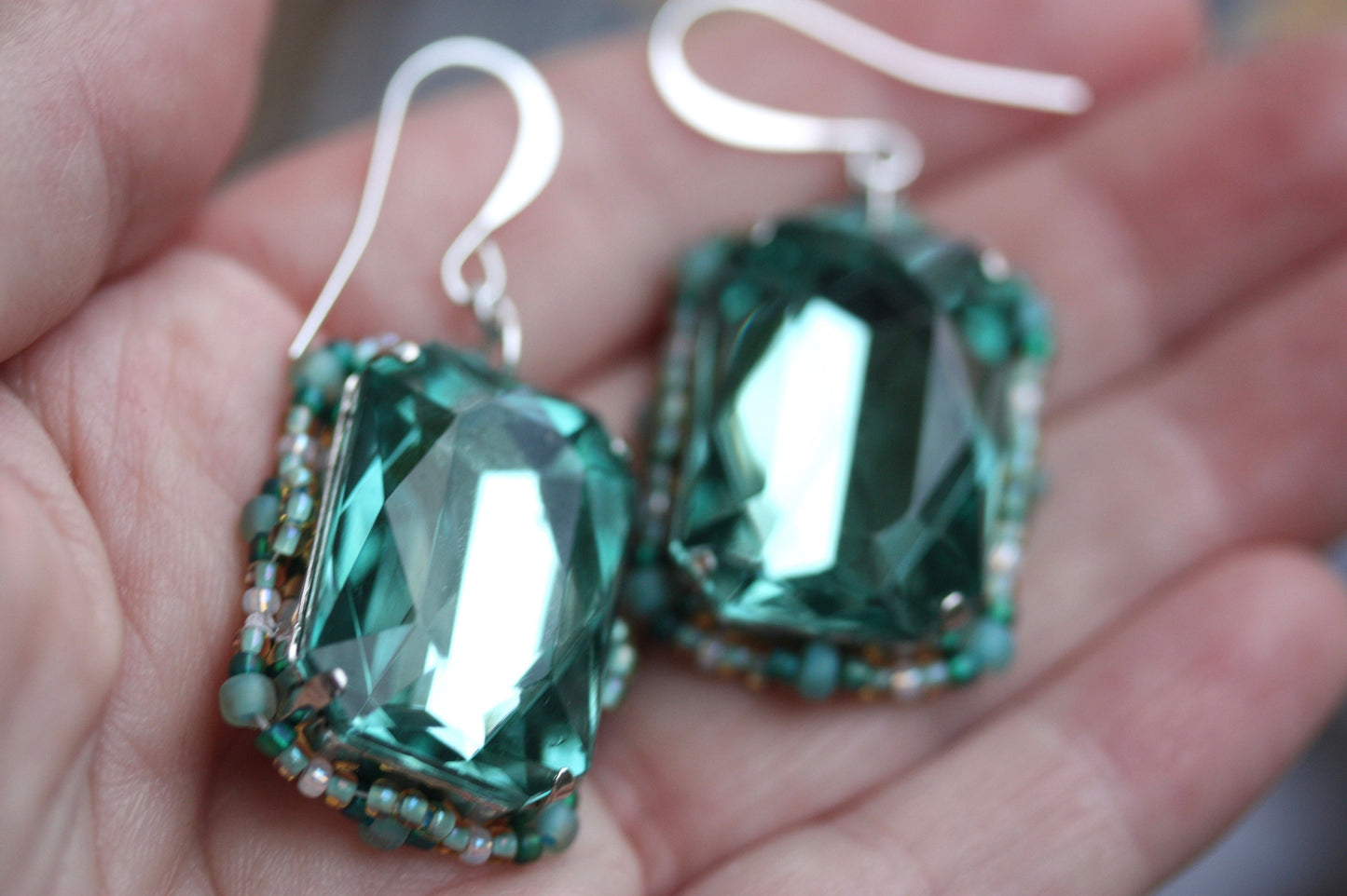 Vintage turquoise faceted crystal dangle earrings with original handmade beadwork