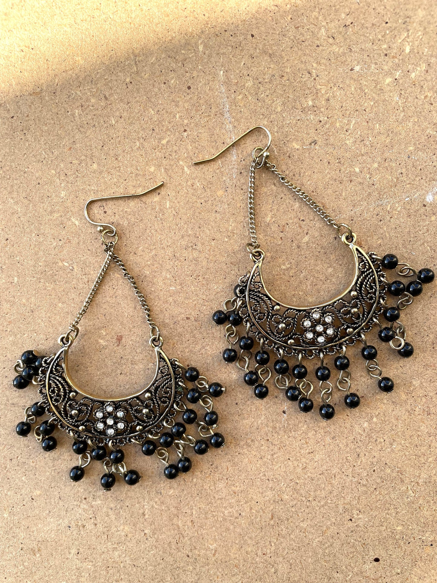 Vintage chandelier earrings with rhinestones and black dangles