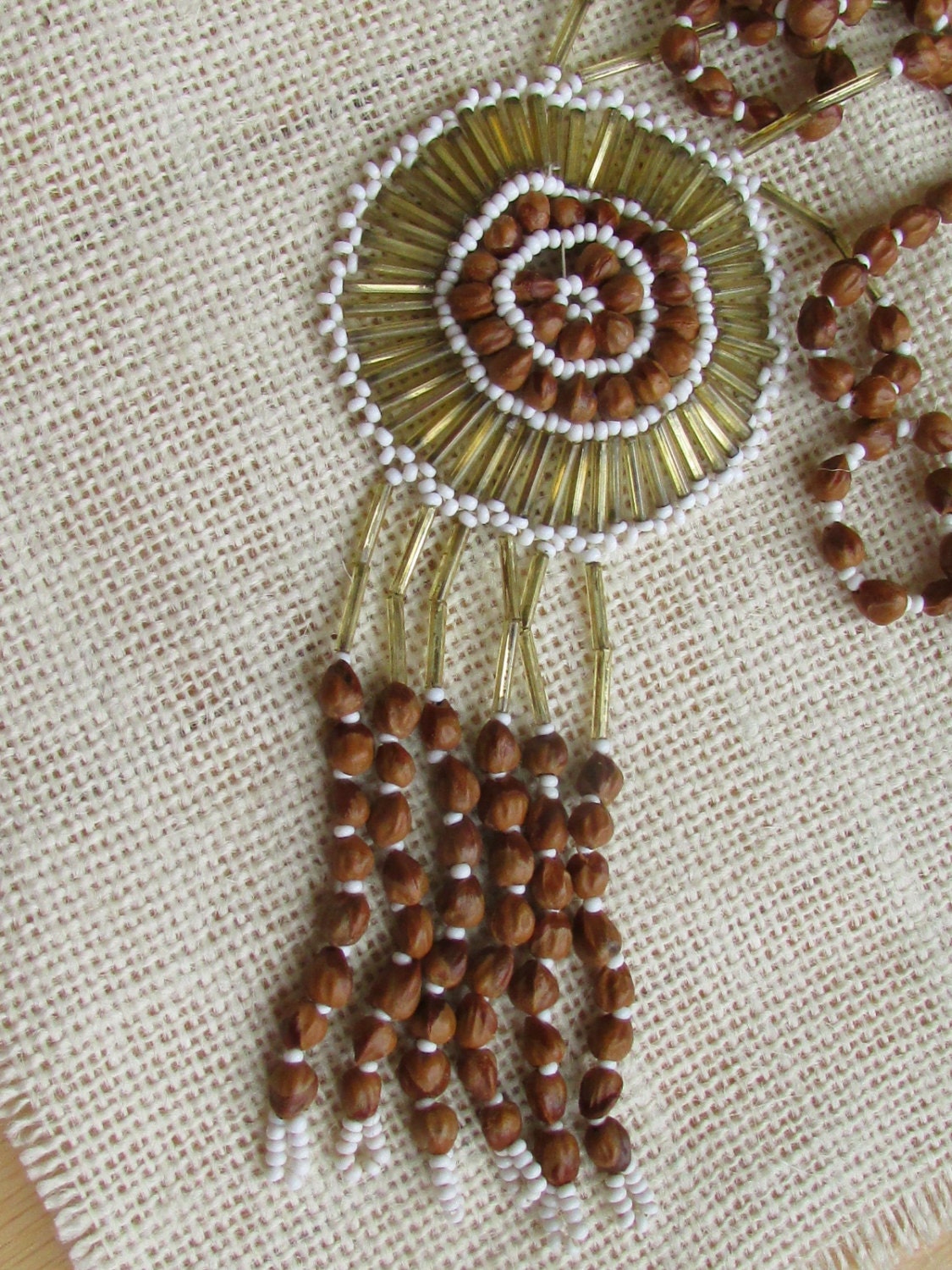 VERY Unique vintage artisan beadwork necklace made of nuts, bugle beads and seed beads