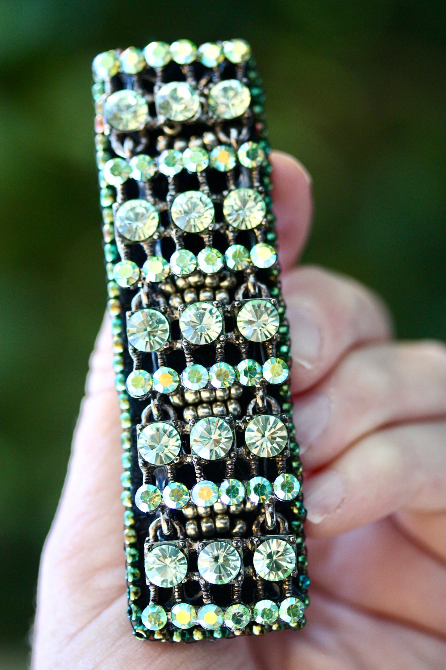 Stunning green AB crystal style rhinestone, metal and glass beadwork hair barrette - hair clip, hair accessories