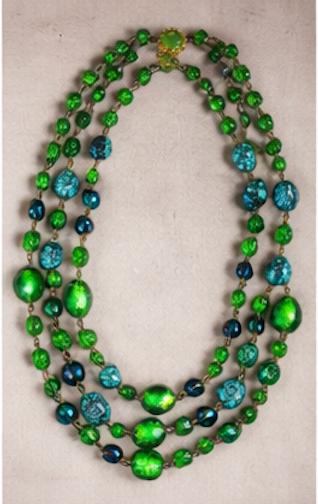 Vintage Emerald Green Glass Necklace, 3 Strand Art Deco Style Statement Necklace, Foil Glass & Turquoise Look Synthetic Beads
