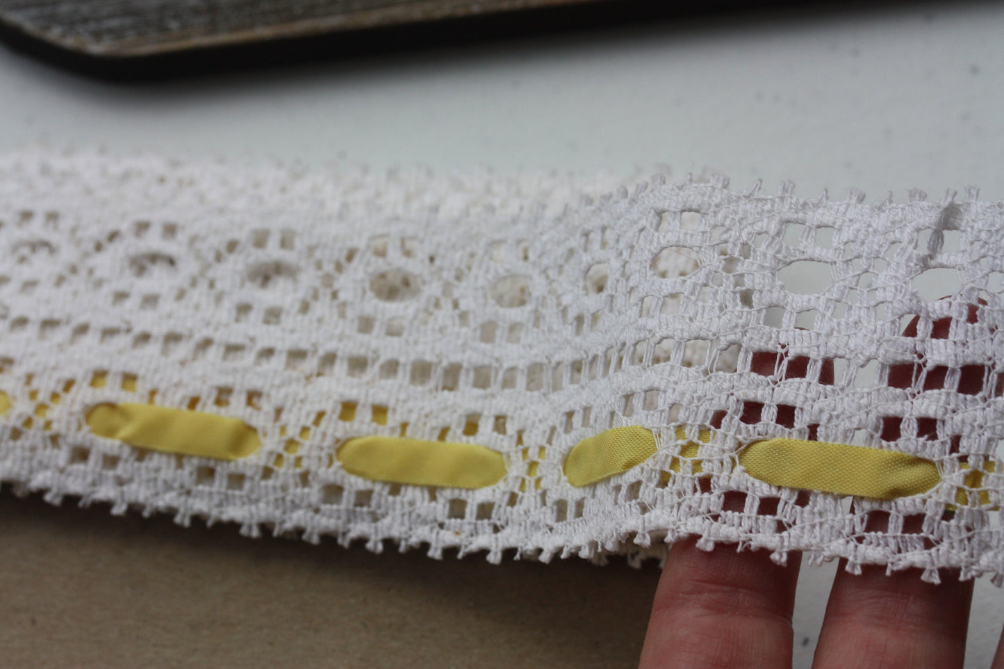 Stunning wide vintage white lace with yellow ribbon - by the yard