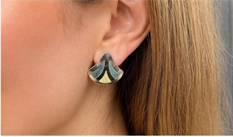 Vintage Art Deco Style Fan Earrings | Marbled Teal & Ivory Acrylic | Silver Tone Geometric Post Earrings | 1980s Statement Jewelry