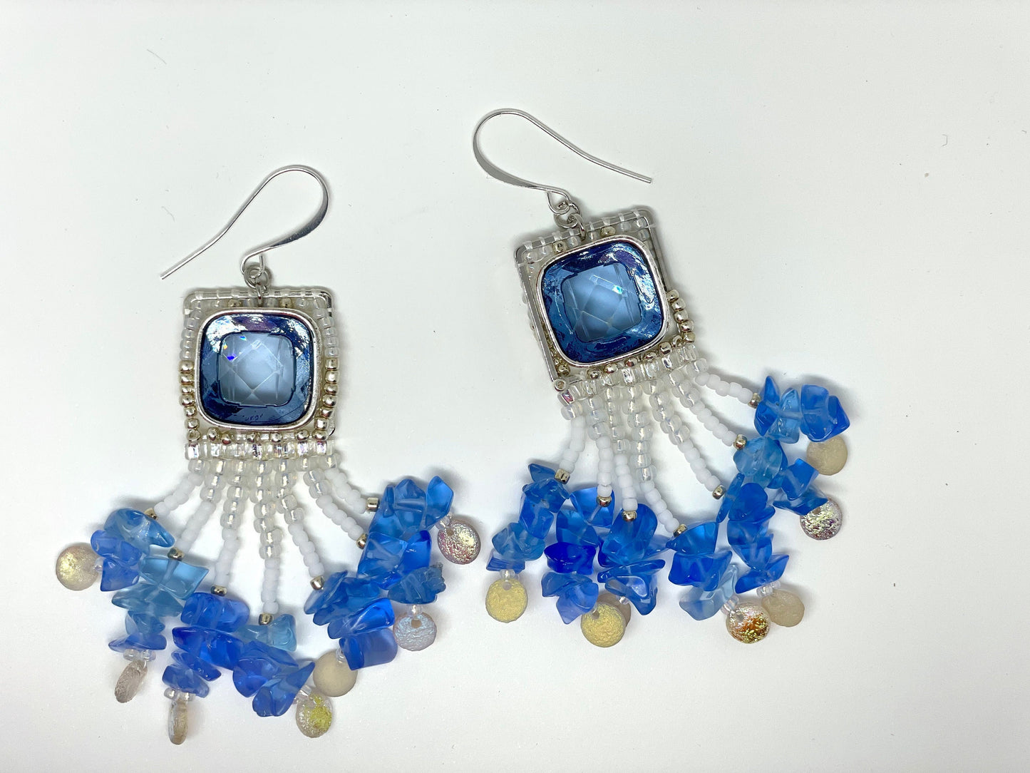 One-of-a-kind mixed material hand beaded dangle beadwork earrings - inspired by the beach - upcycled cabochons, blue glass chips, seed beads