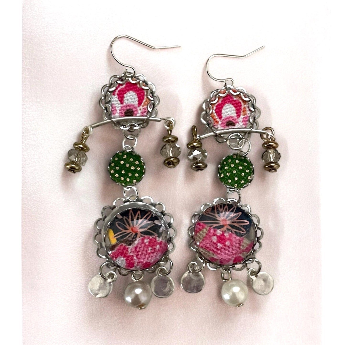 Handmade mixed media earrings made with fabric, paper, hammered metal, mixed metals, crystals and faux pearls.  Sterling ear wires.