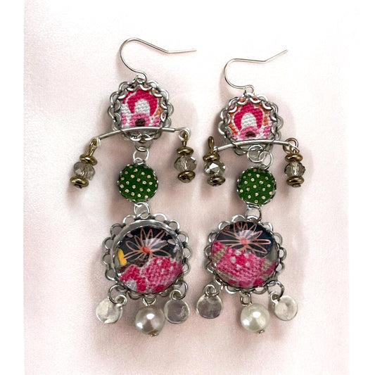 Handmade mixed media earrings made with fabric, paper, hammered metal, mixed metals, crystals and faux pearls.  Sterling ear wires.
