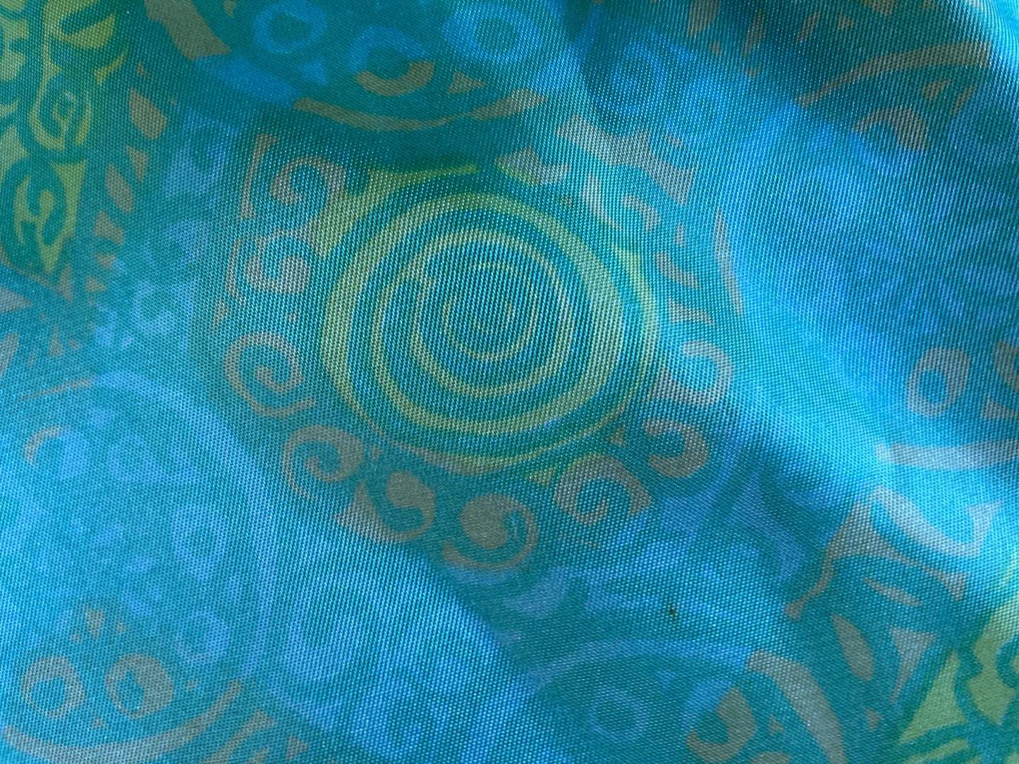 Stunning vintage silk fabric remnant - shades of turquoise, blue, green and yellow - 43" x 56"