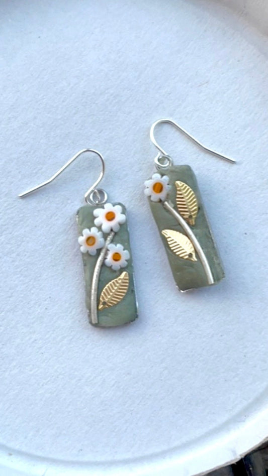 Small mosaic tile glass daisy and metal handmade earrings