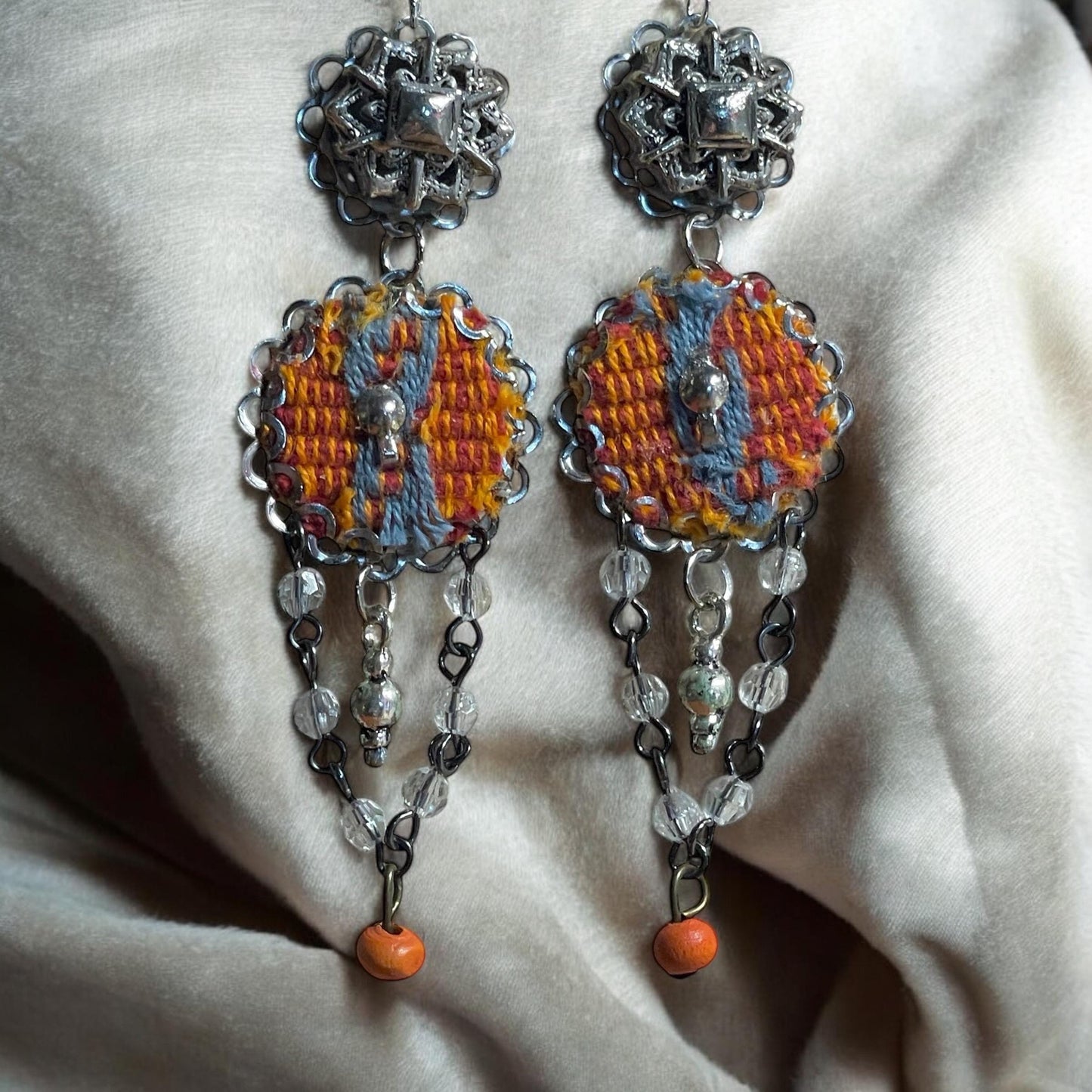 Orange and gray mixed media collage earrings with mixed metals, fabric, crystal and wood; Sterling silver ear wires