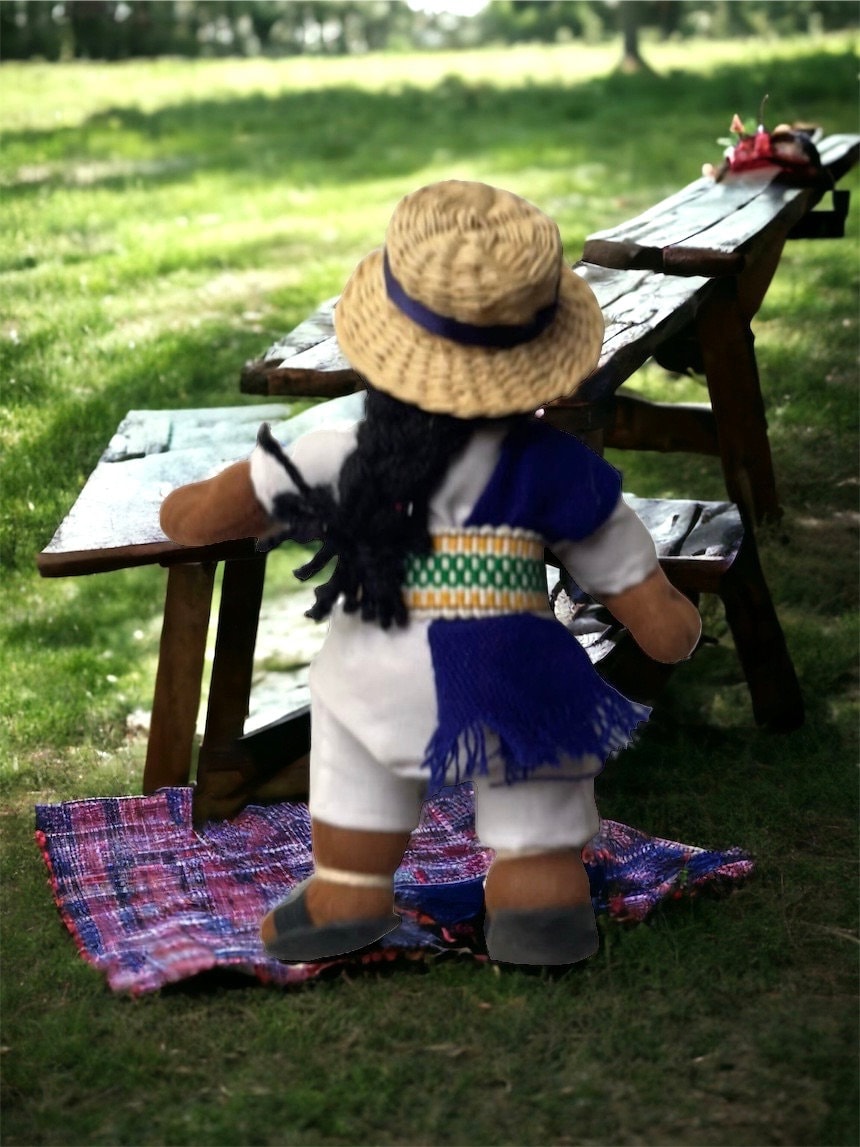 Stunning vintage Mexican girl doll with braids and authentic clothing with straw hat