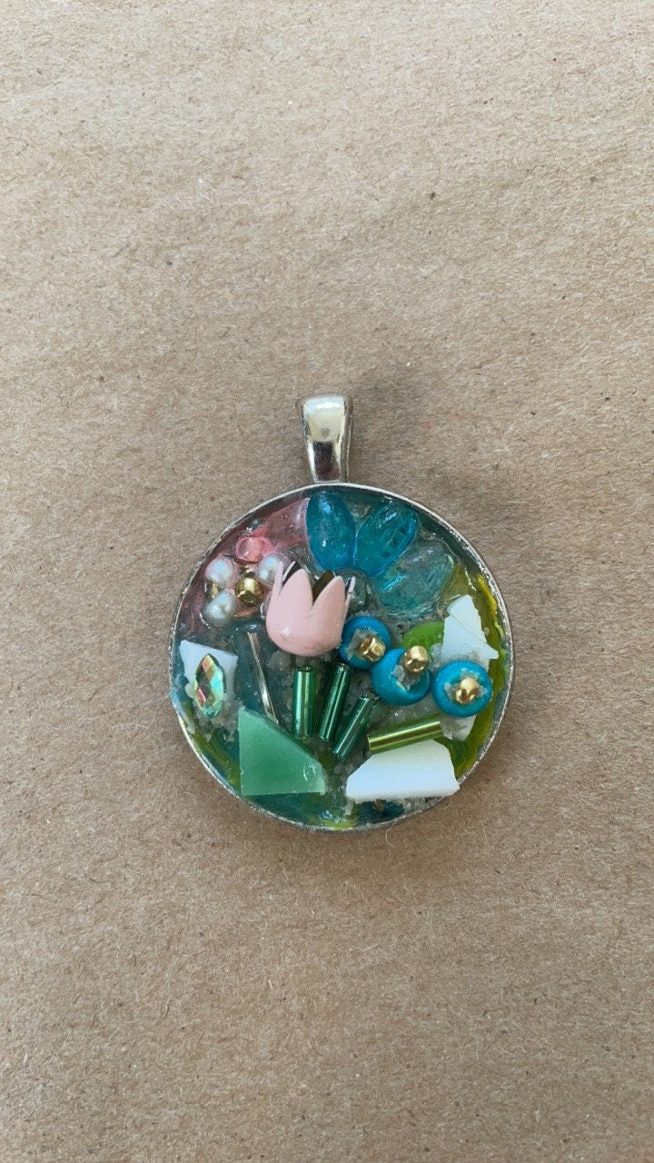 Flower garden necklace pendant - Mixed Material art collage, Mosaic, Assemblage art, sculpture