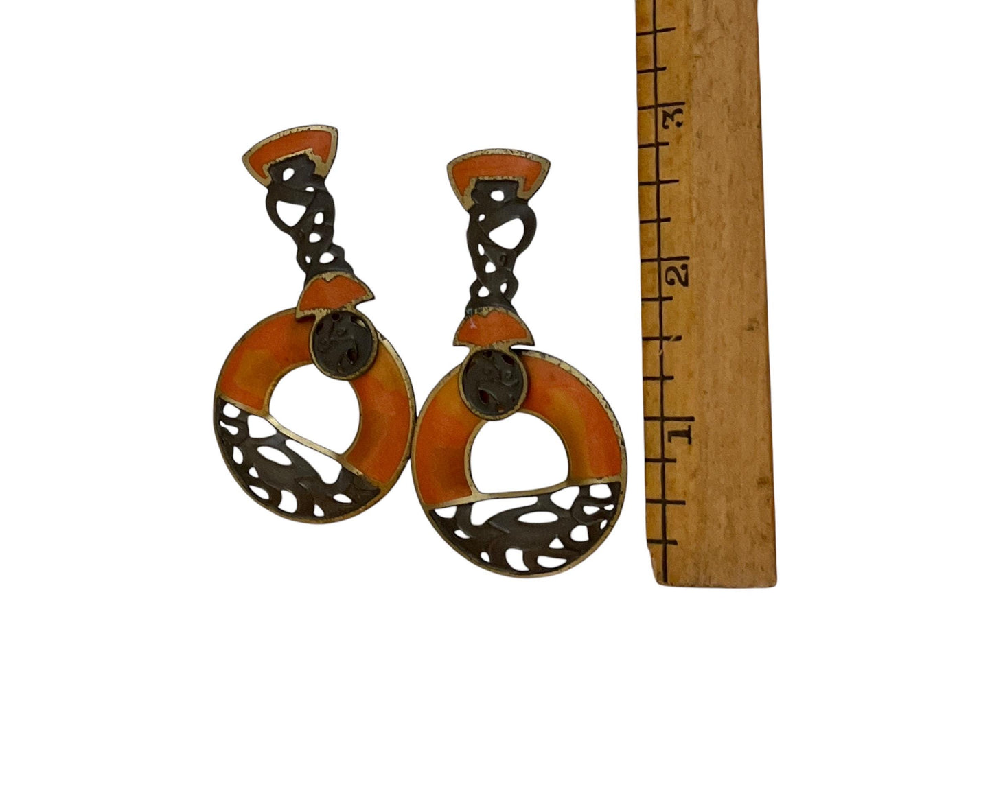 Vintage Berebi Earrings – Bold Art Deco Enamel Dangle Orange Black Statement Jewelry