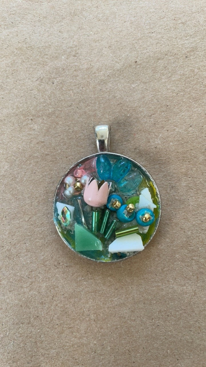 Flower garden necklace pendant - Mixed Material art collage, Mosaic, Assemblage art, sculpture