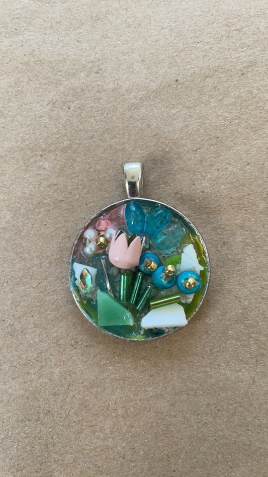 Flower garden necklace pendant - Mixed Material art collage, Mosaic, Assemblage art, sculpture