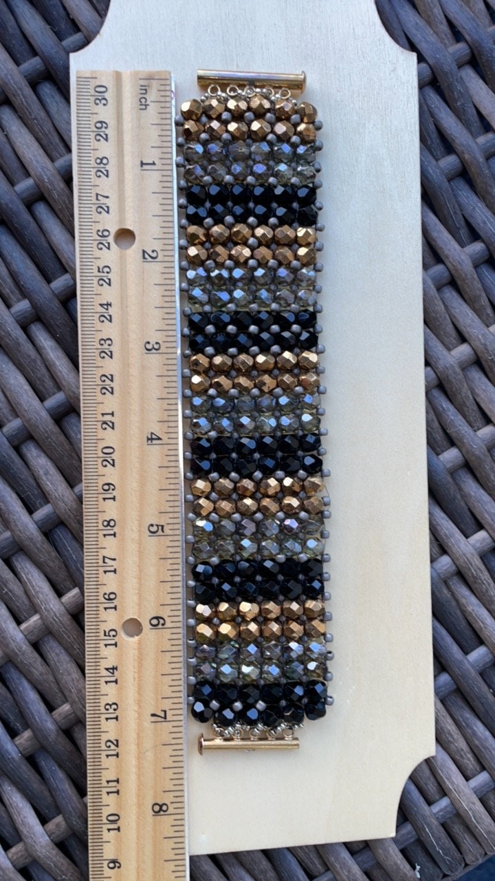 Black, silver and copper crystals absolutely stunning bead woven vintage bracelet - beadwork bracelet