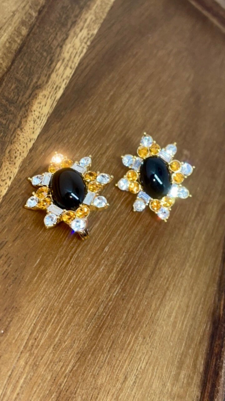 Vintage Runway Couture Black Enamel & Crystal 1980's rare signed Monet clip earrings