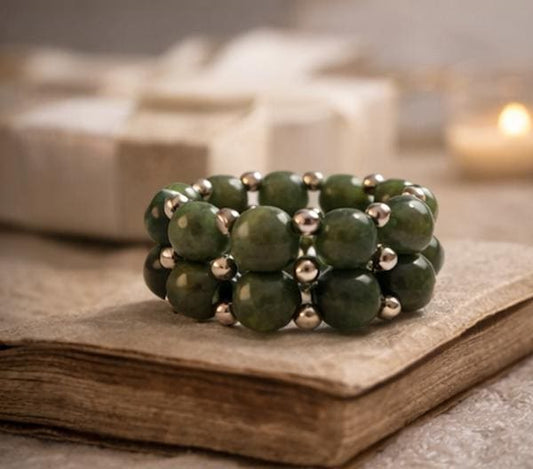 Vintage Green Stone Beadwork Ring • Natural Jade Nephrite Style • Statement Ring • Artisan Beadwork • Boho Minimalist Jewelry