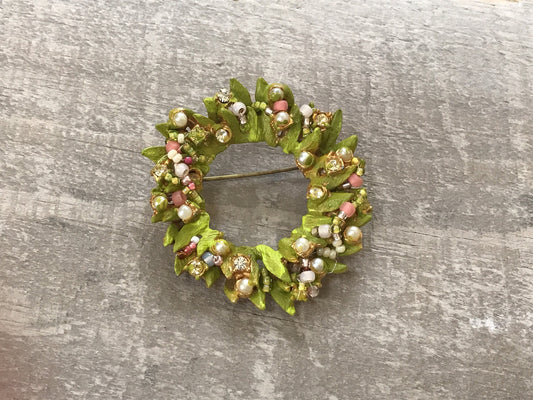 Revised, Modernized, Upcycled - hand made / hand painted one-of-a-kind mixed media beaded vintage wreath flower pin brooch