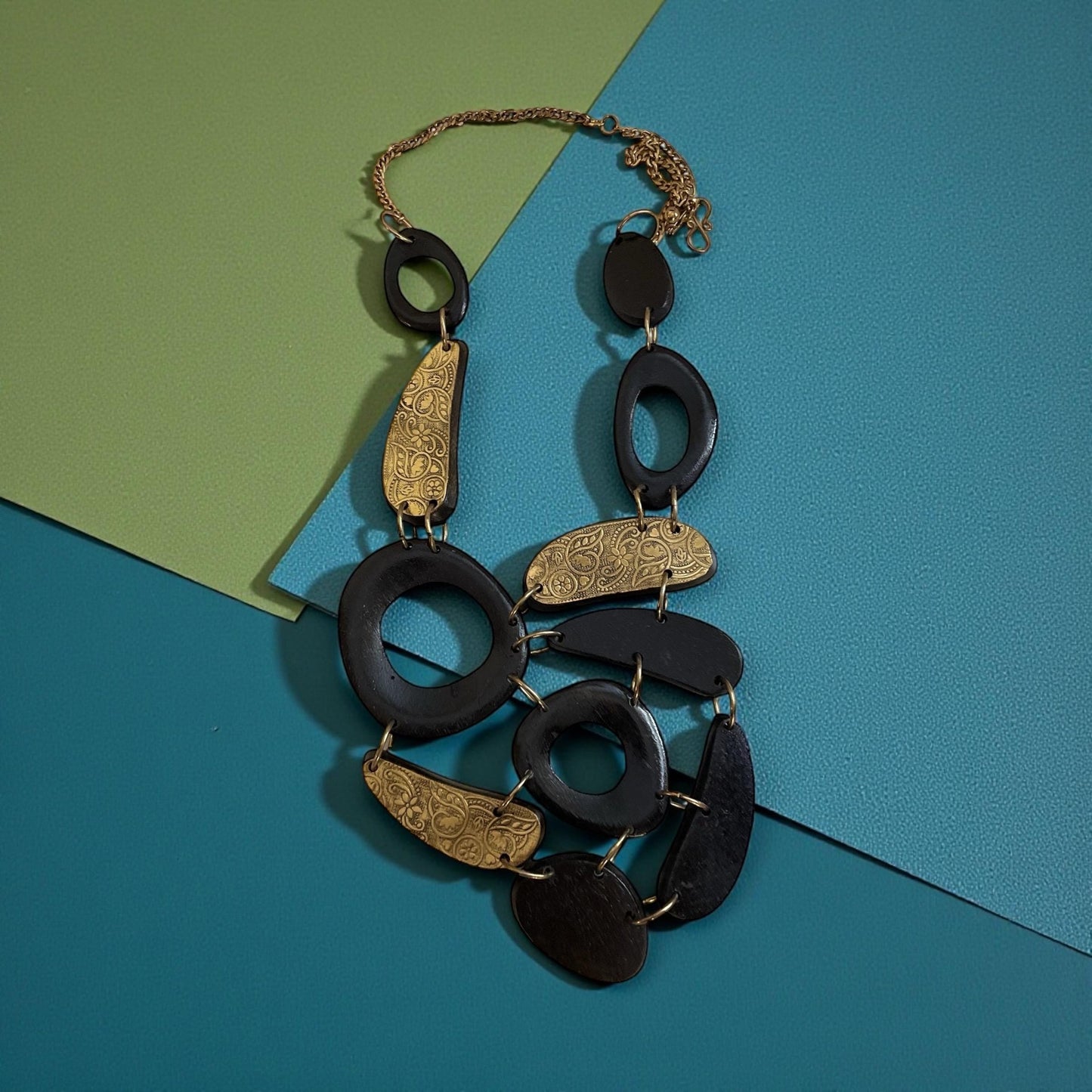 Vintage Wood Statement Necklace | Large Mixed Wood and Brass Tone Links | Boho Artisan Style Necklace | Chunky Wood Jewelry