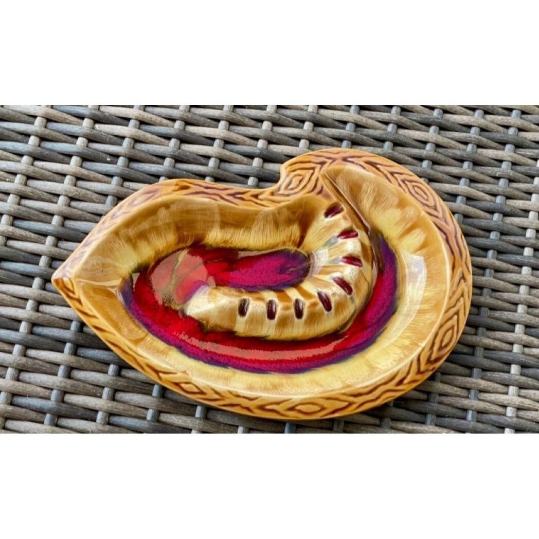 Stunning vintage Mid Century Modern MCM ceramic ashtray - glazed with reds and tans