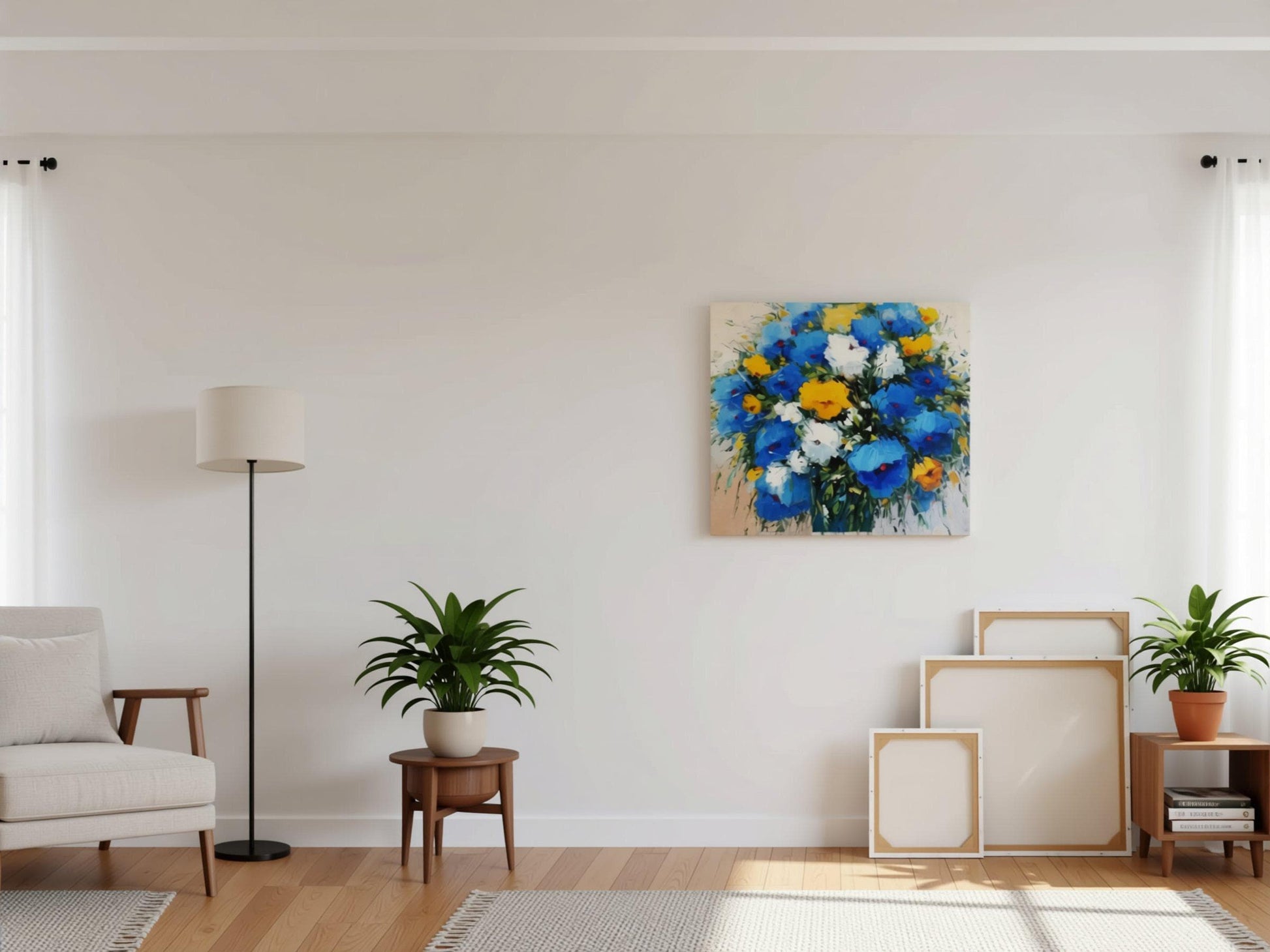 a serene and modern living room with a white color scheme, featuring a large painting of blue and yellow flowers on the wall, a white armchair, a floor lamp, and a wooden side table with a plant.
