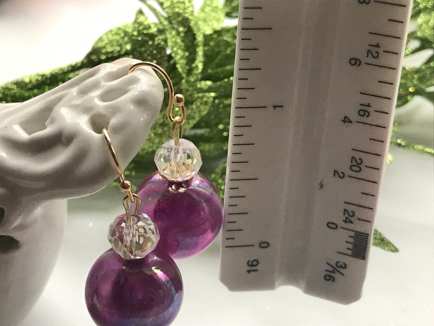 Handmade earrings with upcycled vintage purple glass ball dangles and faceted glass crystal