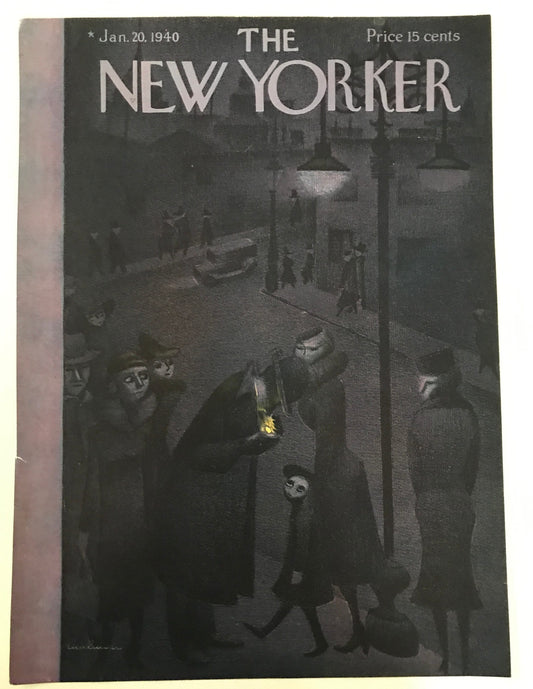The NEW YORKER Magazine original cover - January 20, 1940 - Christina Malman - Man lighting cigarette on dark street