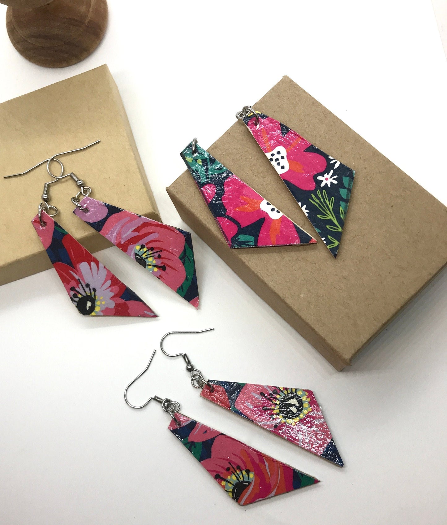 Unique handmade earrings - made of mixed materials - specialty paper, sealant and wood