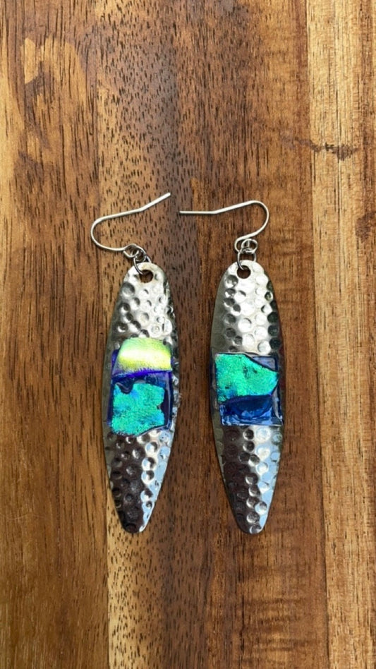 Hammered metal with dichroic glass mixed media earrings