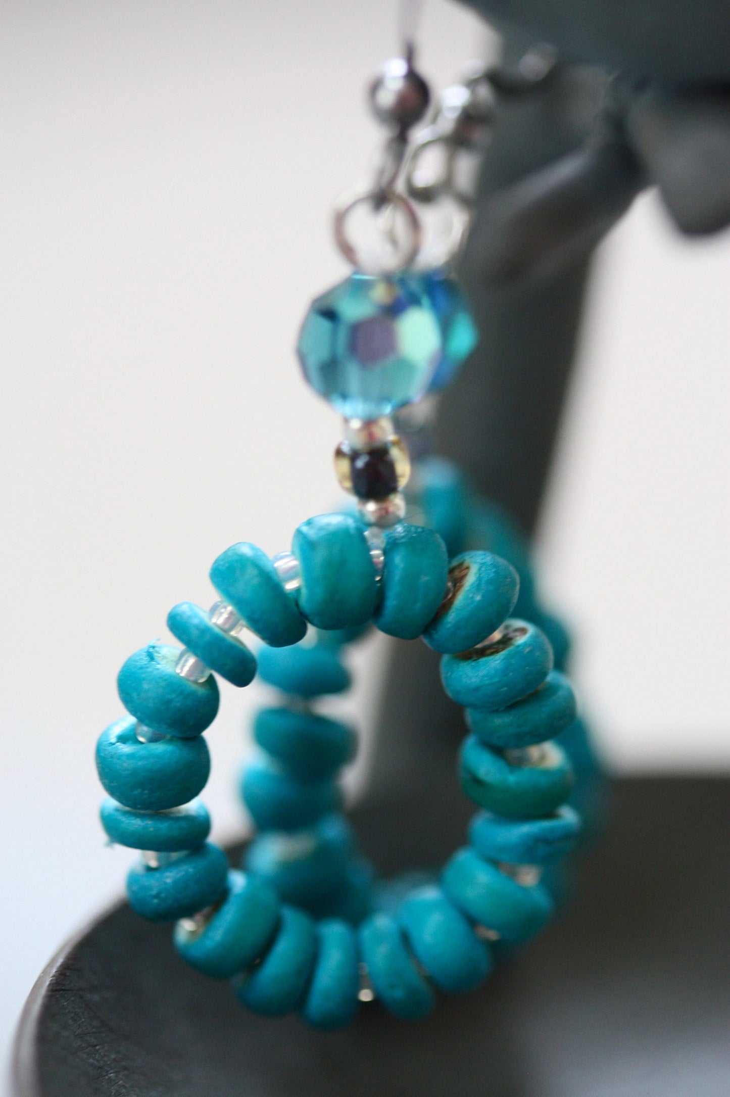 Blue wood heishi beads with crystal white glass spacers and blue faceted crystal dangle hoop earrings - vintage and new materials