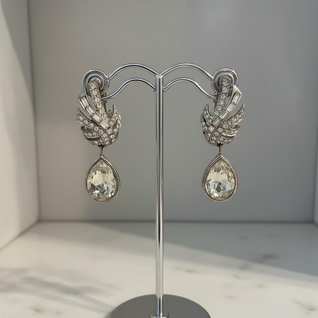 Vintage Rhinestone Teardrop Clip On Earrings | Silver Tone Art Deco Statement Dangle Jewelry