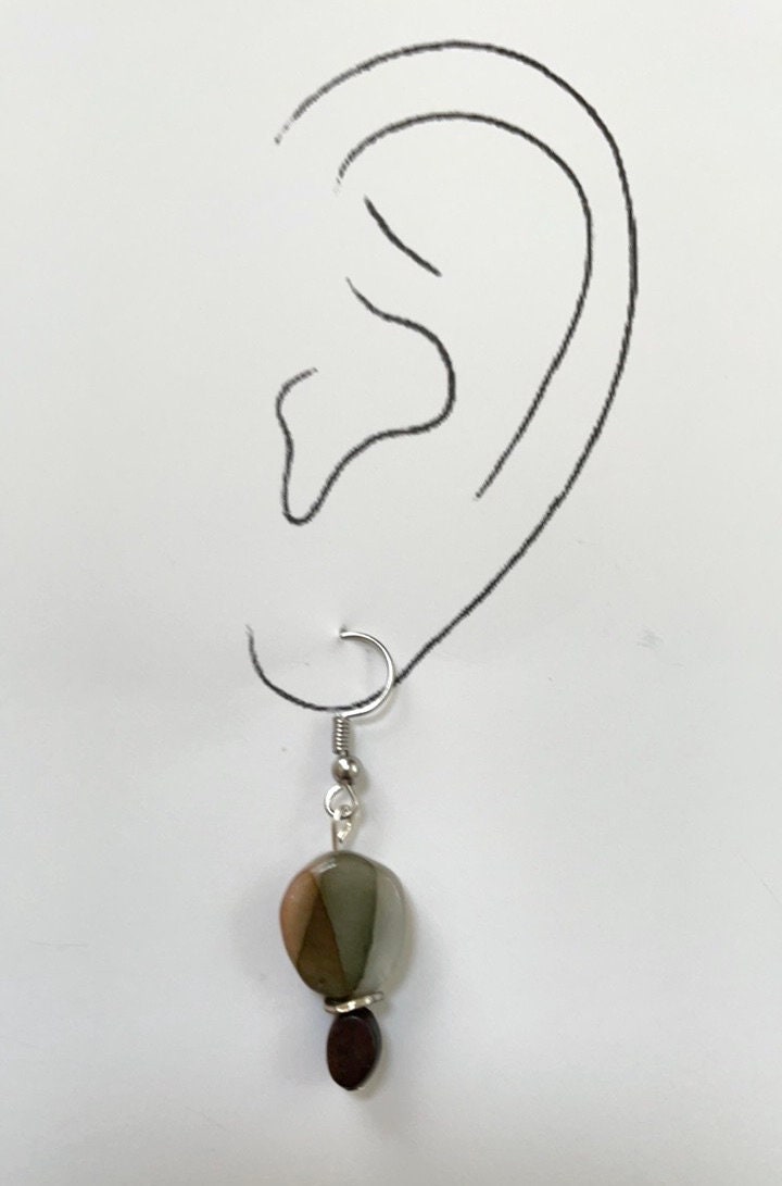 Mixed material dangle earrings - swirled glass, metal, stone, wood - option of sterling silver ear wires