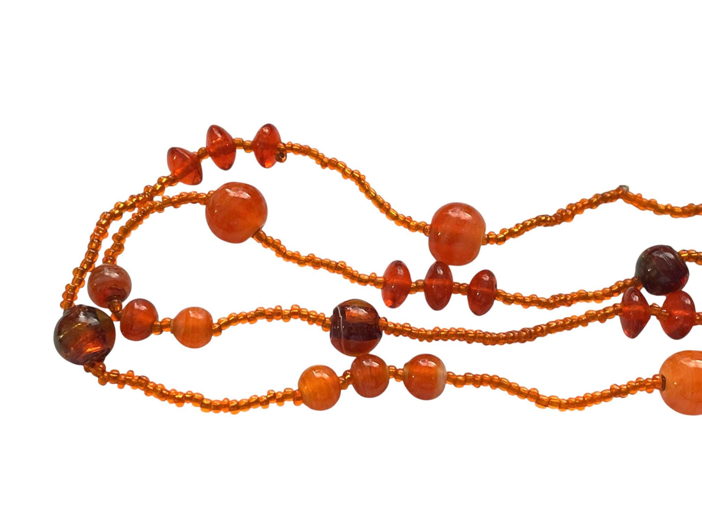 Vintage Orange Glass Bead Necklace – Long 3 Strand Beaded Statement Necklace – Amber Tone Layered Retro Jewelry