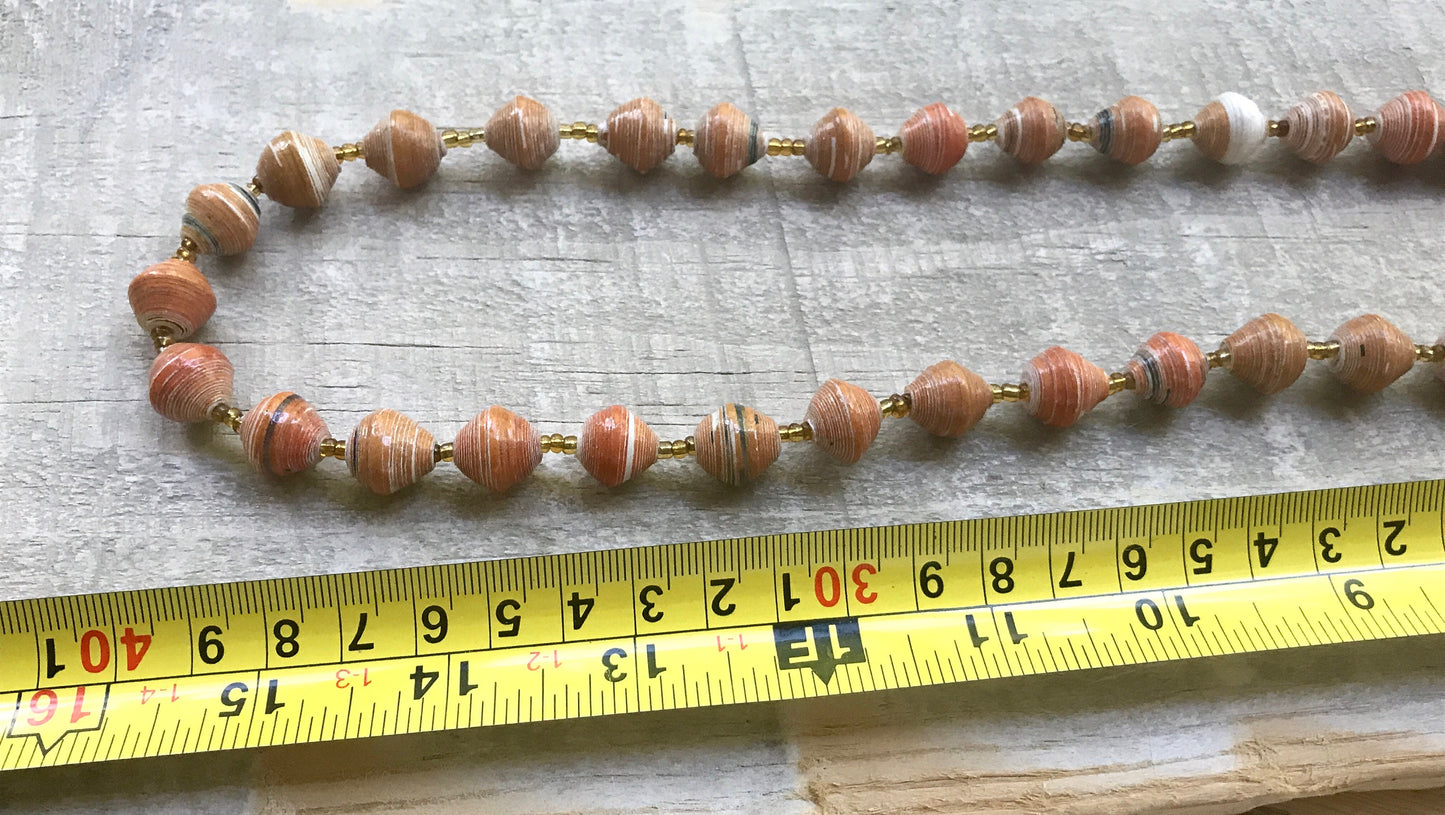 Unique orange vintage artisan necklace - beads look like porcelain but are actually made of rolled paper that's been painted & sealed