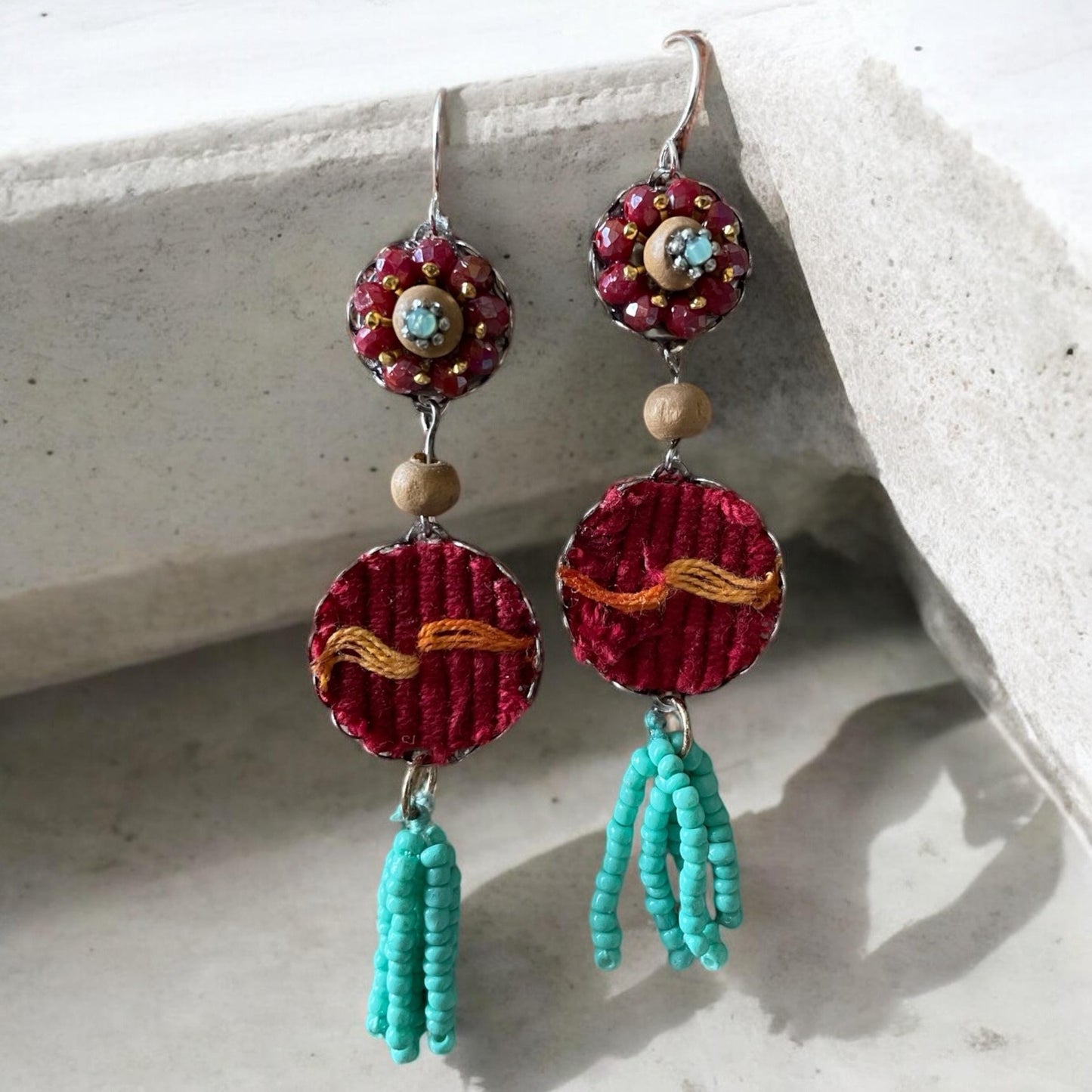 Collage earrings - "Red Sky" - fabric, wood, mixed metals, glass seed beads - sterling silver ear wires