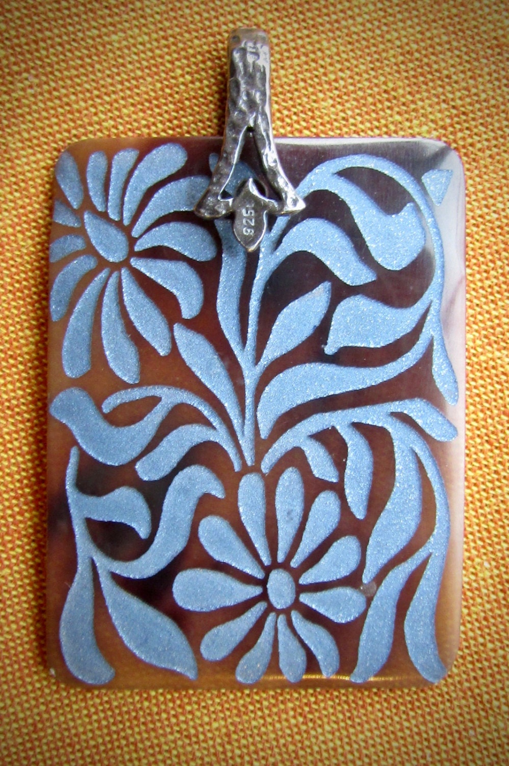 Stunning vintage etched shell rectangular necklace pendant on sterling silver bail