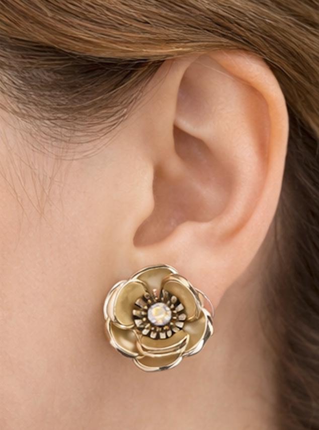 Vintage Gold Flower Clip-On Earrings with Aurora Borealis Rhinestone Centers